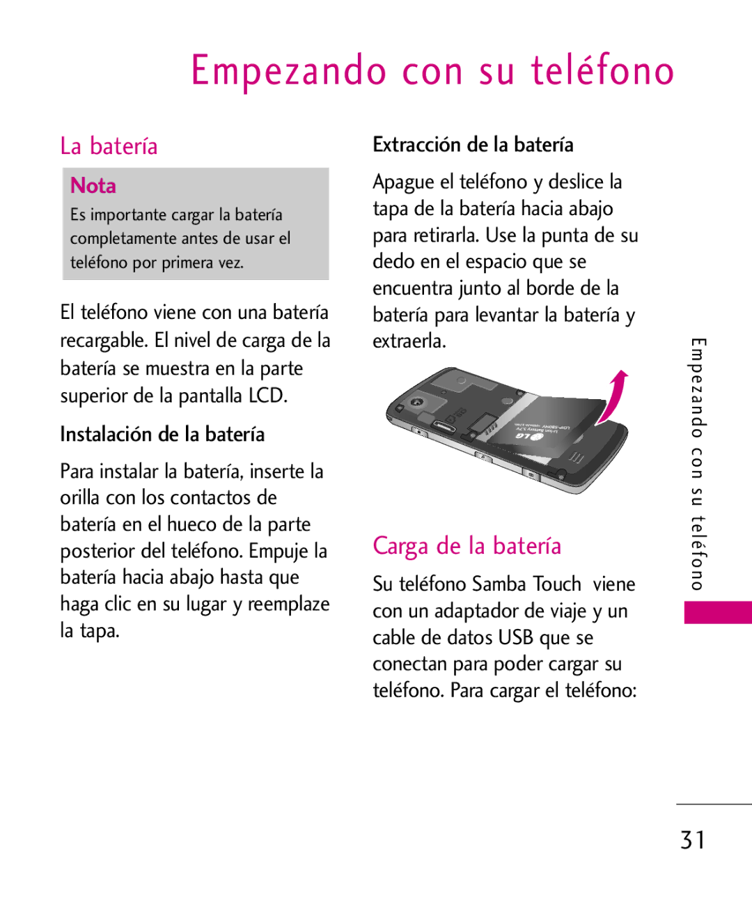 LG Electronics 8575 manual Empezando con su teléfono, La batería, Carga de la batería, Instalación de la batería 