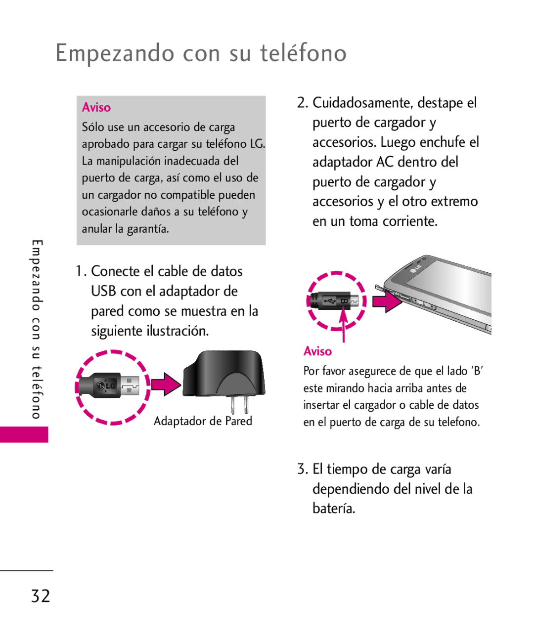 LG Electronics 8575 manual Empezando con su teléfono, El tiempo de carga varía dependiendo del nivel de la batería 