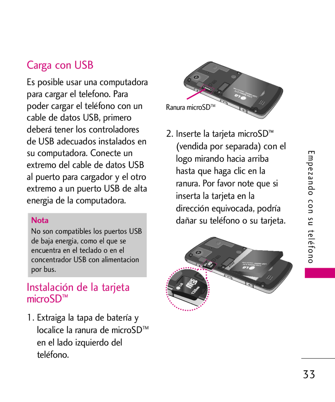 LG Electronics 8575 manual Carga con USB, Instalación de la tarjeta microSD 