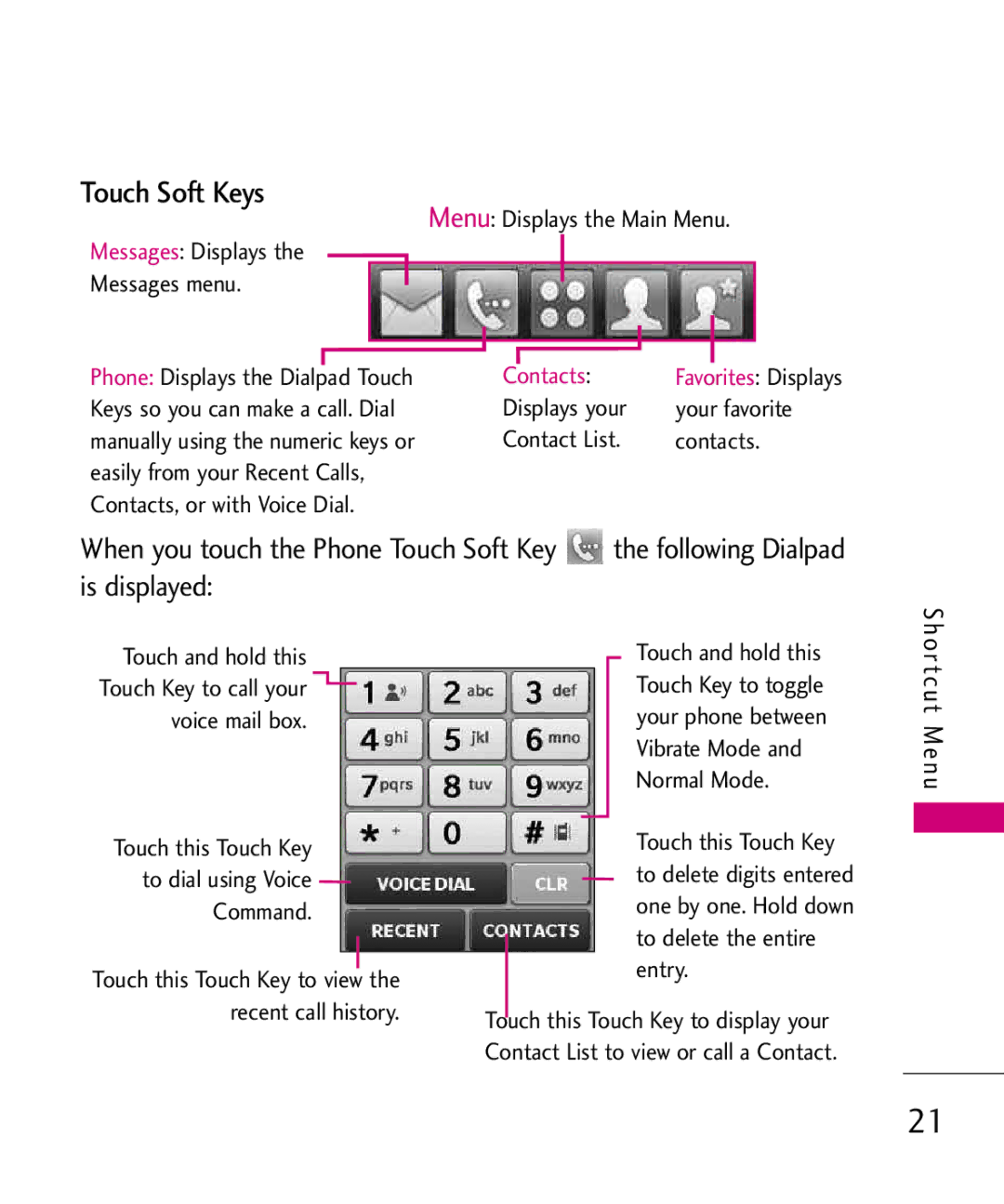 LG Electronics 8575 manual Touch Soft Keys, Menu Displays the Main Menu, Displays your Your favorite Contact List Contacts 