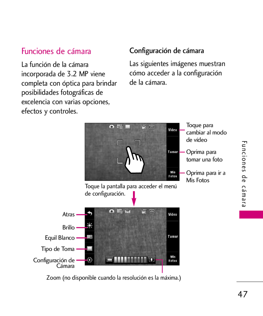 LG Electronics 8575 manual Funciones de cámara, Configuración de cámara 