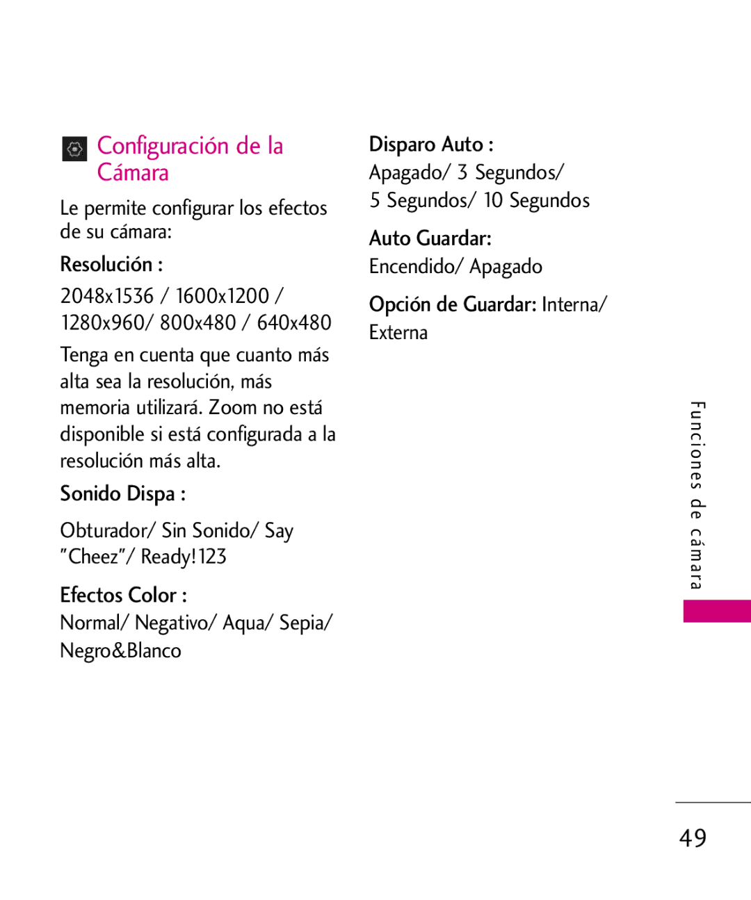 LG Electronics 8575 manual Configuración de la Cámara 