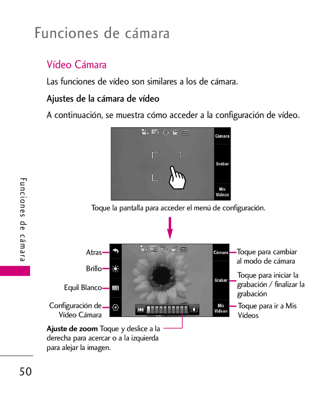 LG Electronics 8575 manual Funciones de cámara, Vídeo Cámara, Ajustes de la cámara de vídeo, Toque para ir a Mis Vídeos 