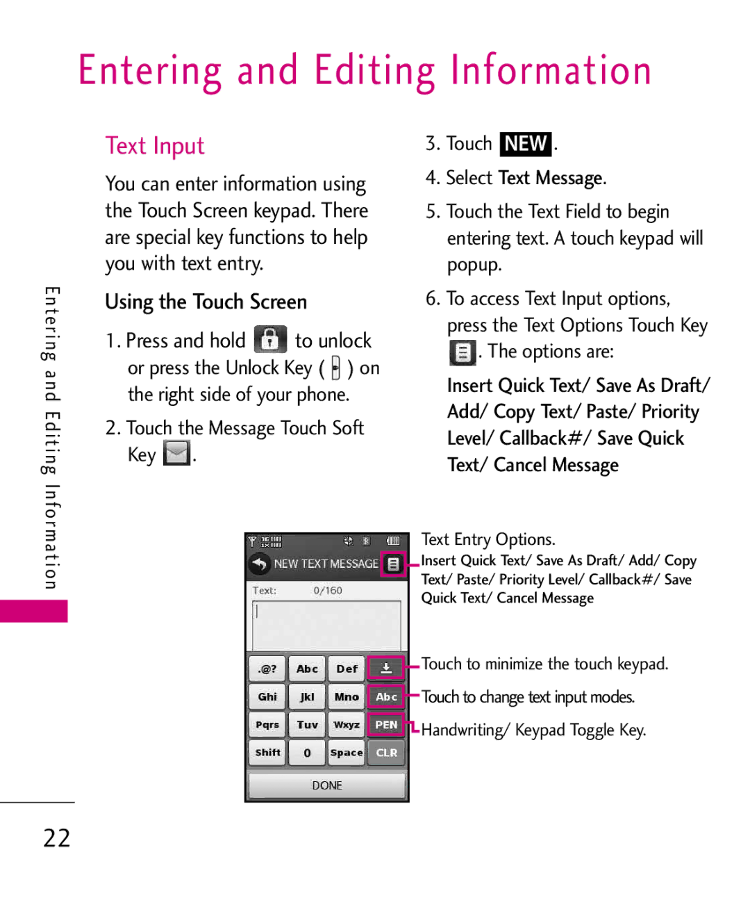 LG Electronics 8575 manual Entering and Editing Information, Text Input, Using the Touch Screen, Options are 