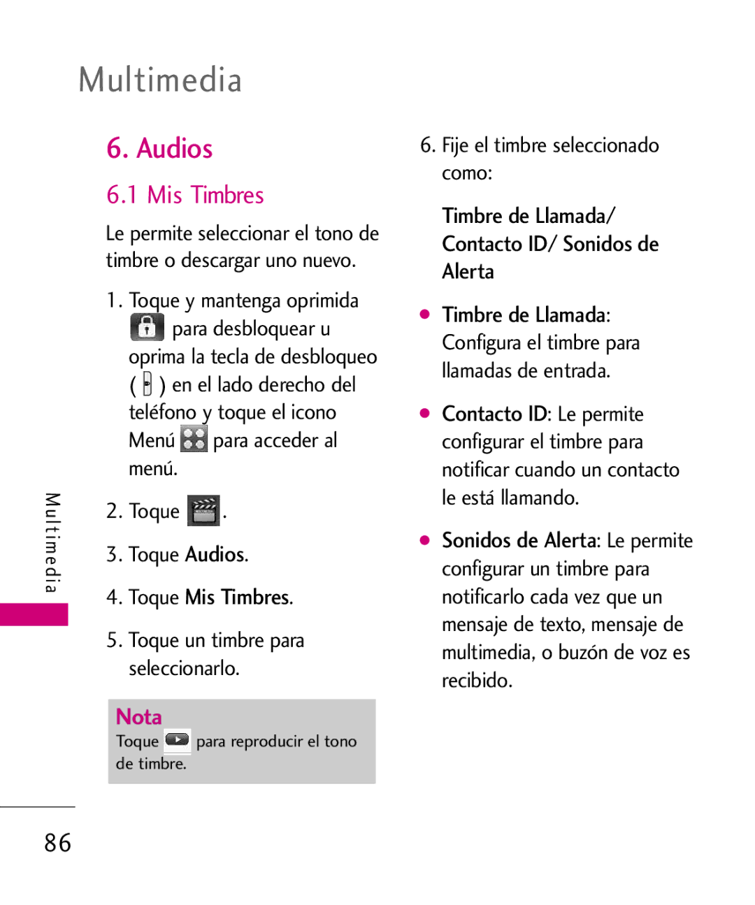 LG Electronics 8575 manual Mis Timbres, Timbre de Llamada/ Contacto ID/ Sonidos de Alerta, Toque Audios, Seleccionarlo 