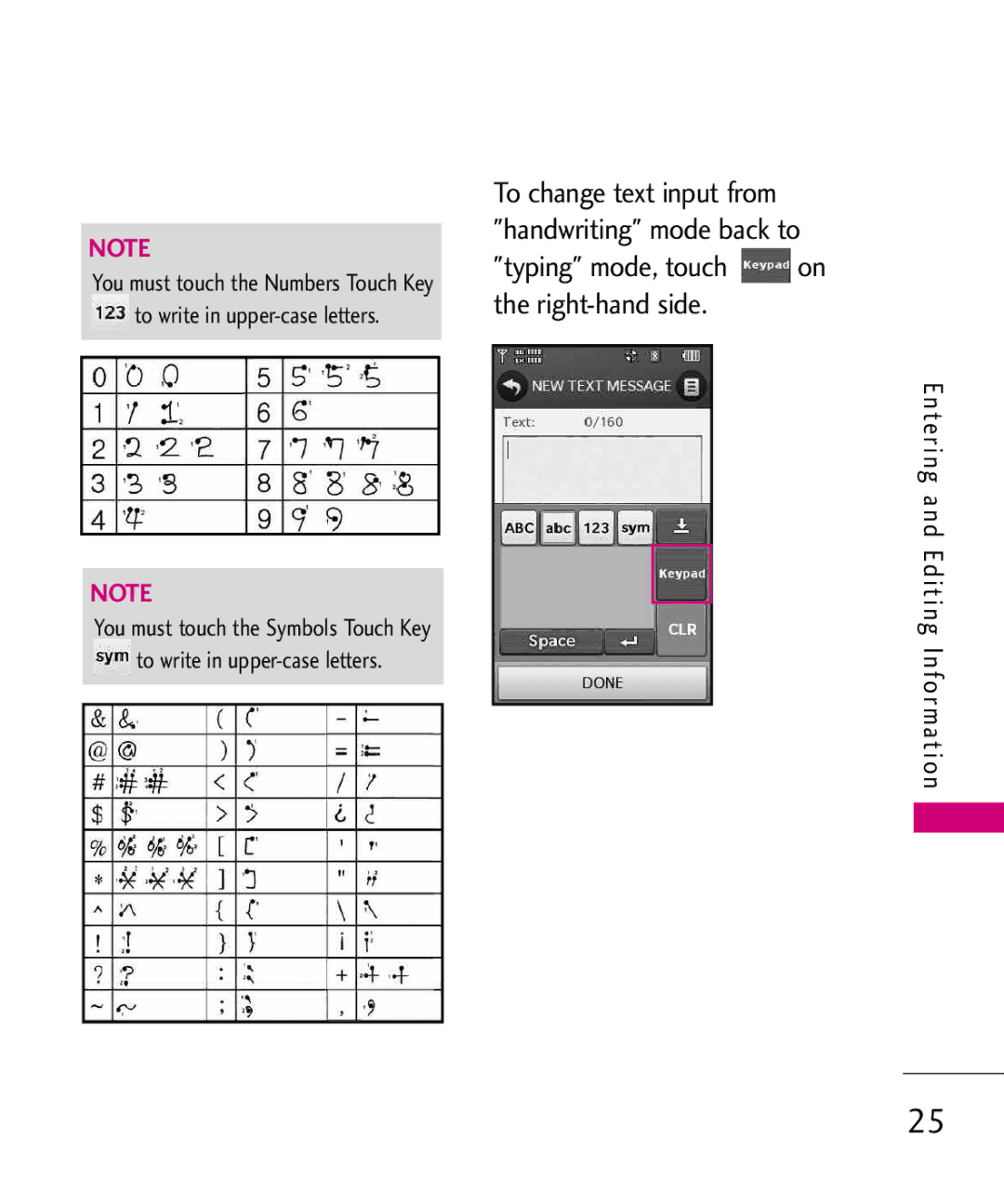 LG Electronics 8575 manual Typing mode, touch on the right-hand side, To change text input from handwriting mode back to 