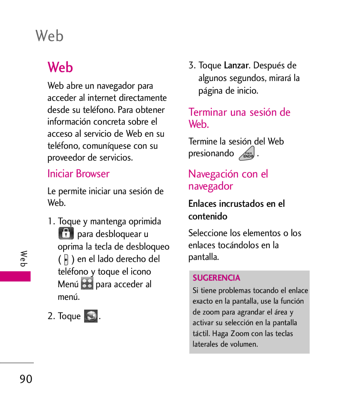 LG Electronics 8575 manual Iniciar Browser, Terminar una sesión de Web, Navegación con el navegador 