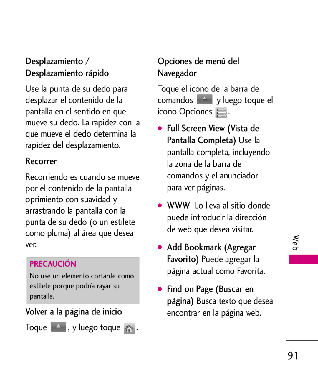 LG Electronics 8575 Desplazamiento Desplazamiento rápido, Recorrer, Volver a la página de inicio, Toque , y luego toque 