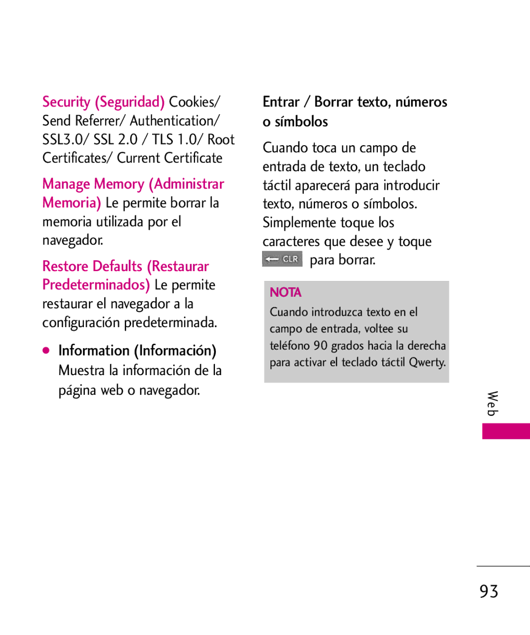 LG Electronics 8575 manual Security Seguridad Cookies, Entrar / Borrar texto, números o símbolos 