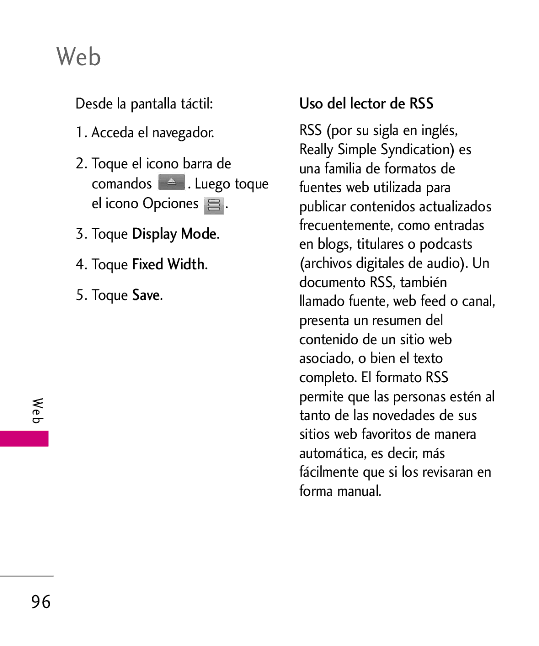 LG Electronics 8575 manual Toque Display Mode Toque Fixed Width, Uso del lector de RSS, Toque Save 