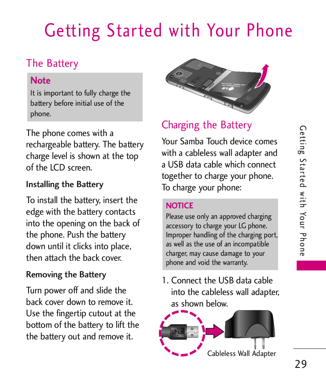 LG Electronics 8575 manual Getting Started with Your Phone, Charging the Battery, Installing the Battery 