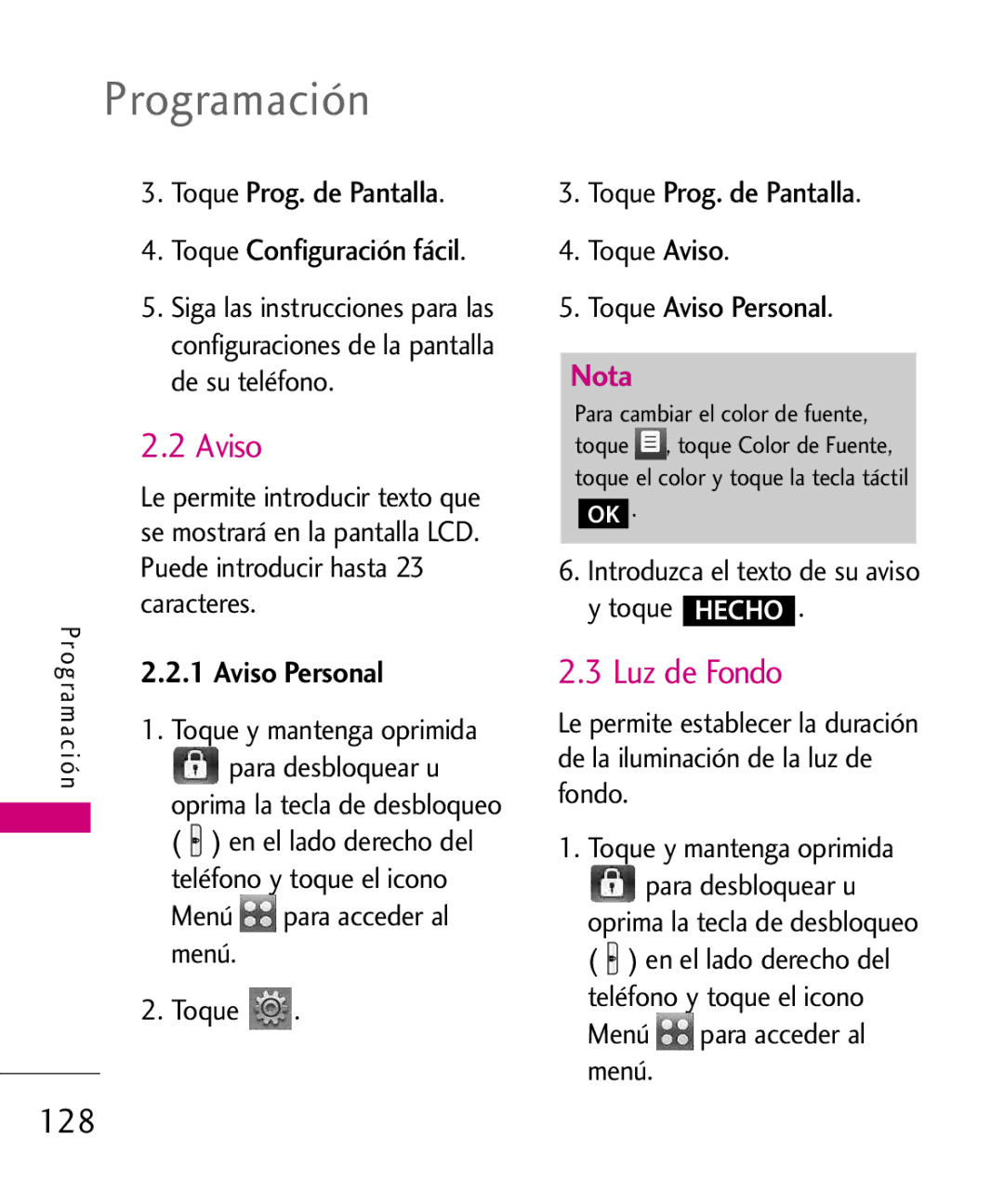 LG Electronics 8575 manual Luz de Fondo, Aviso Personal 