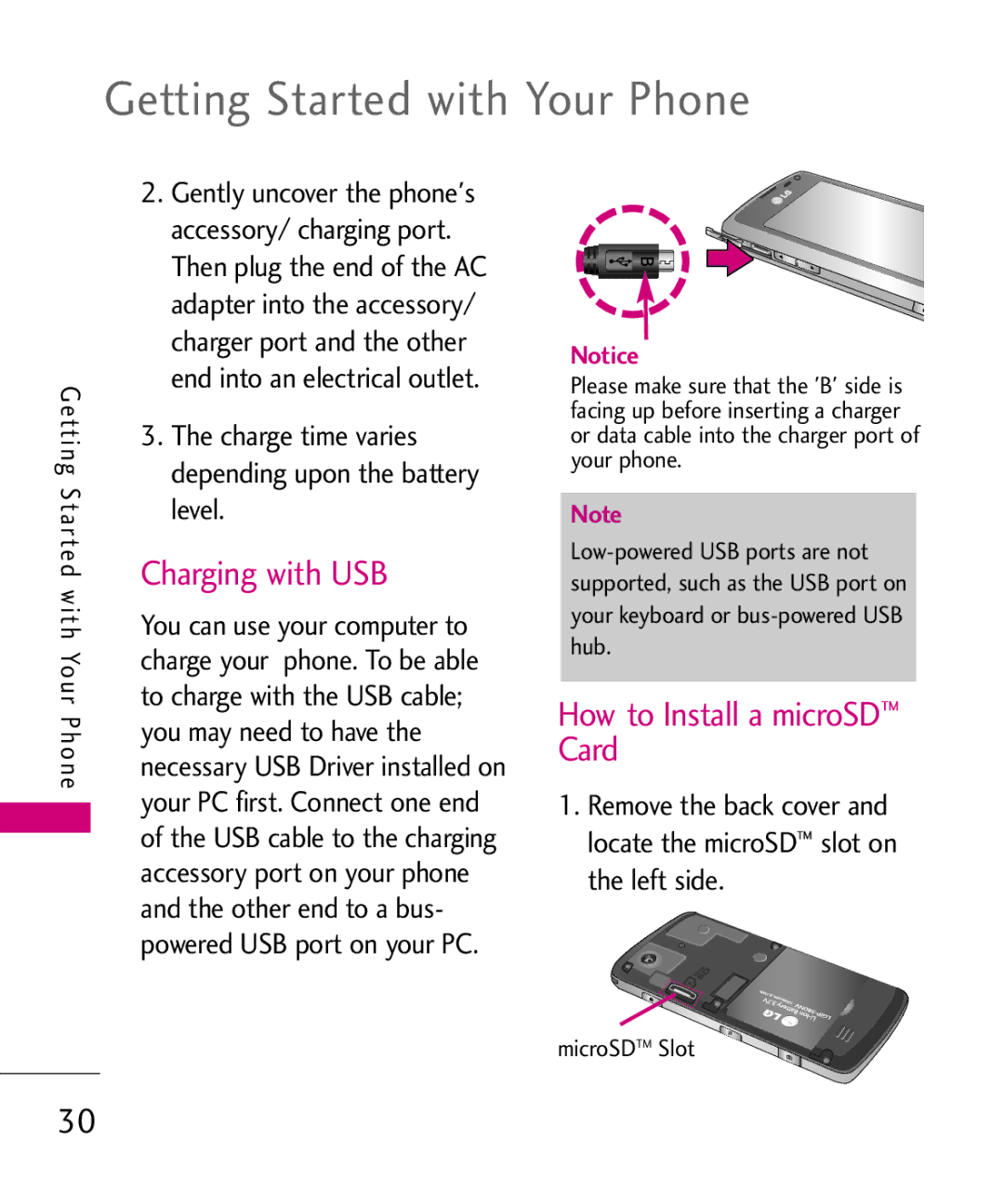 LG Electronics 8575 Getting Started with Your Phone, Charging with USB, How to Install a microSD Card, MicroSDTM Slot 