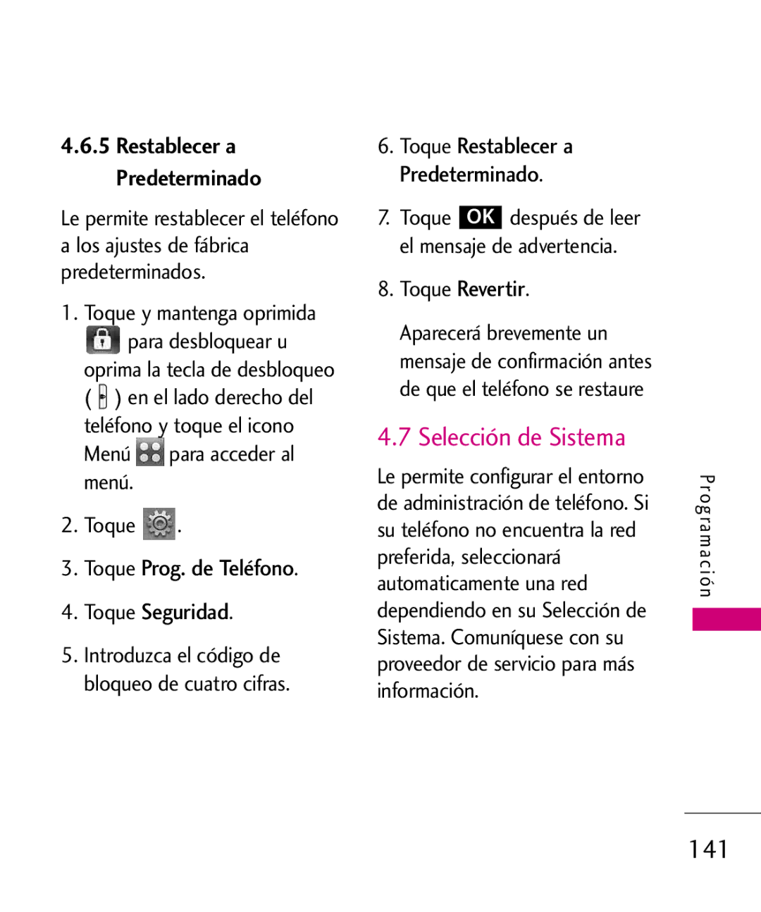 LG Electronics 8575 manual Selección de Sistema, Toque Revertir, Toque Restablecer a Predeterminado 