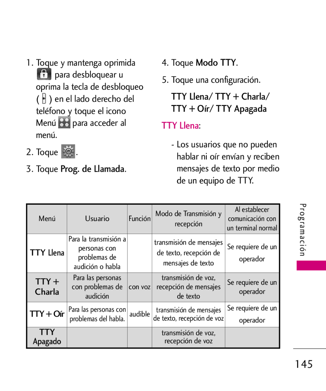 LG Electronics 8575 manual Toque Prog. de Llamada Toque Modo TTY, TTY Llena/ TTY + Charla/ TTY + Oír/ TTY Apagada 