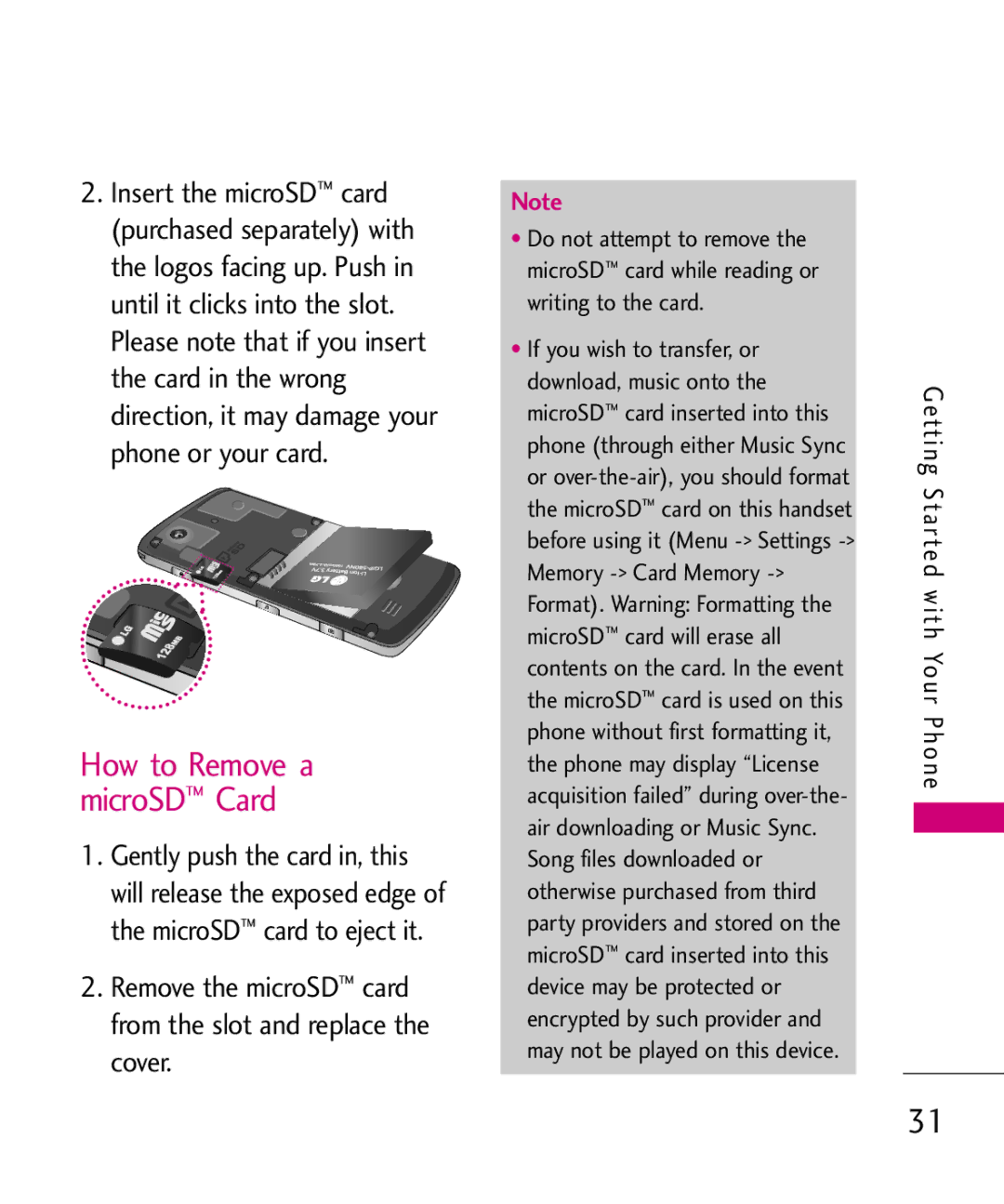 LG Electronics 8575 manual How to Remove a MicroSD Card, Remove the microSD card from the slot and replace the cover 