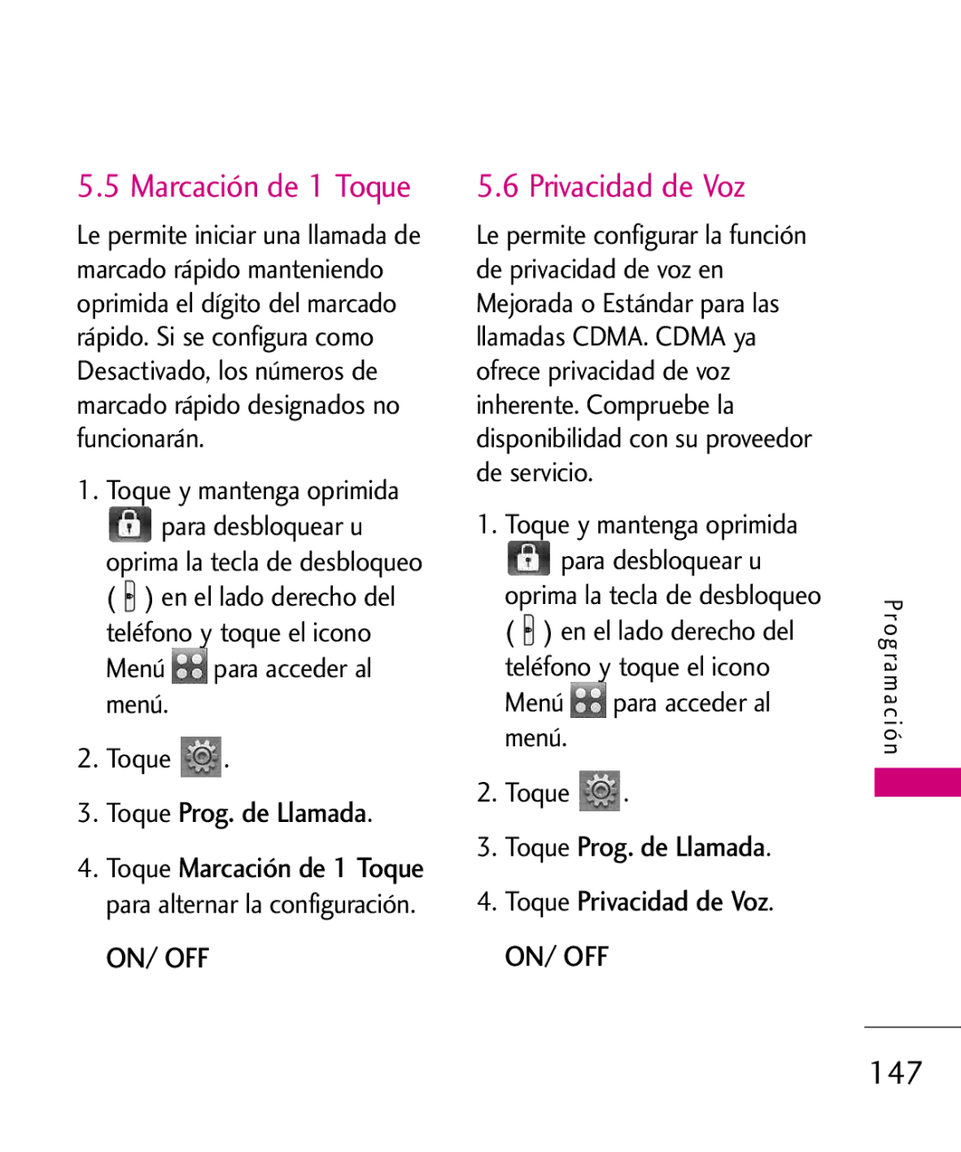 LG Electronics 8575 manual Marcación de 1 Toque, Toque Prog. de Llamada Toque Privacidad de Voz 