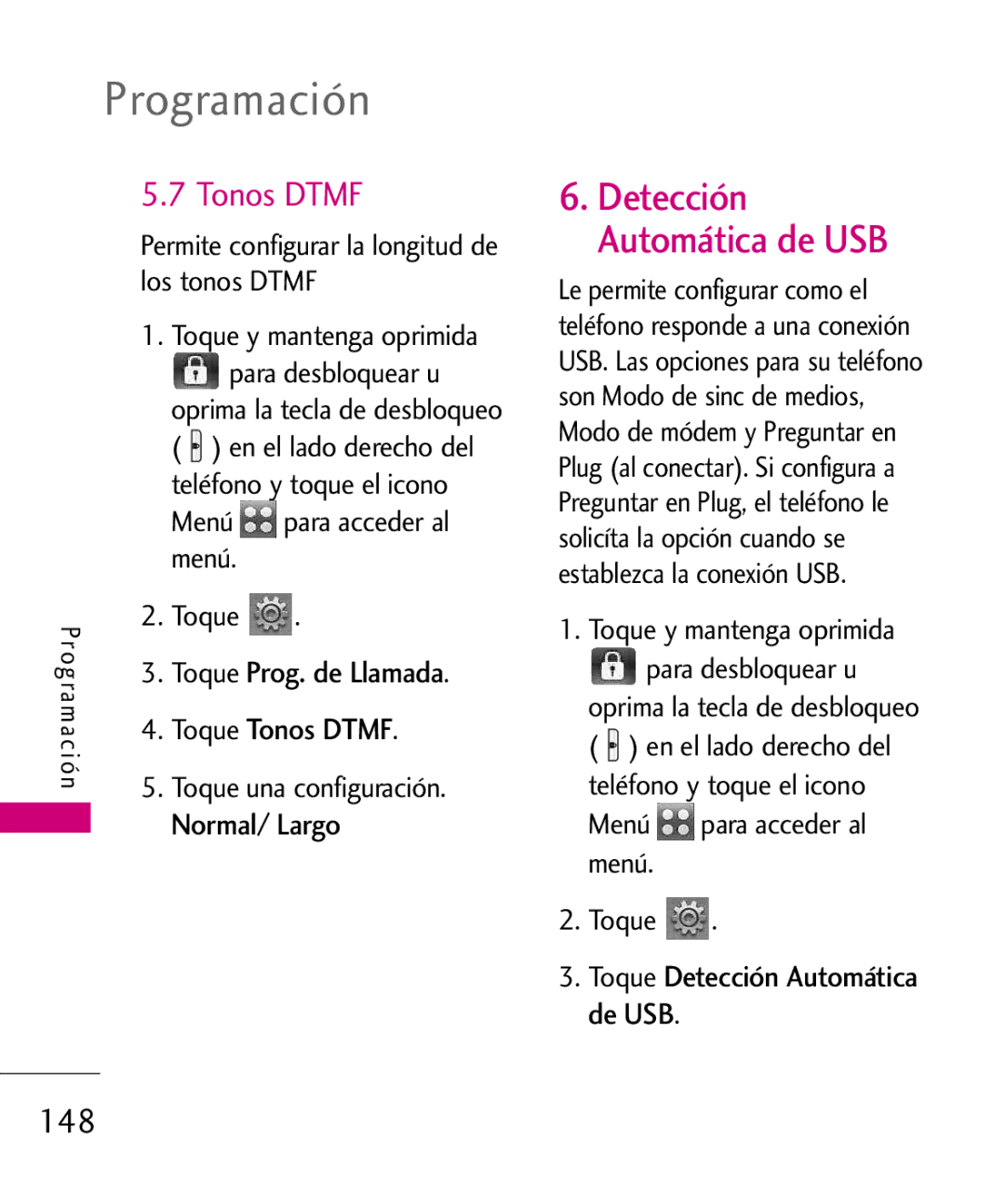 LG Electronics 8575 manual Tonos Dtmf, Normal/ Largo, Toque Detección Automática de USB 