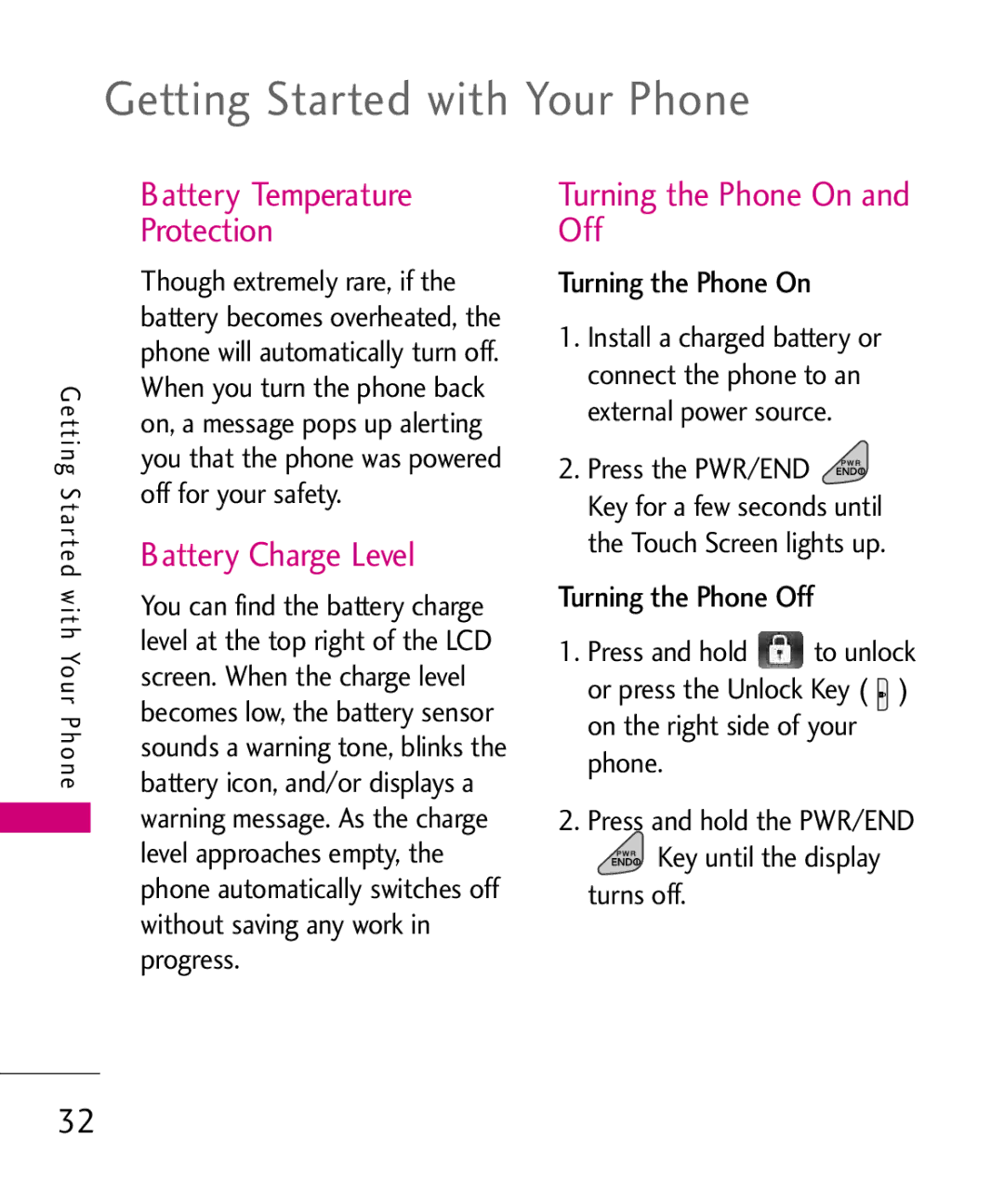 LG Electronics 8575 manual Battery Temperature Protection, Battery Charge Level, Turning the Phone On and Off 