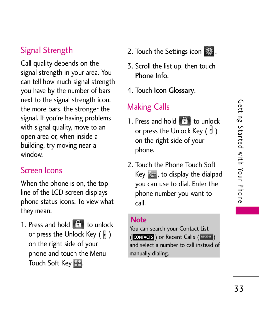 LG Electronics 8575 manual Signal Strength, Screen Icons, Making Calls, Touch Icon Glossary 