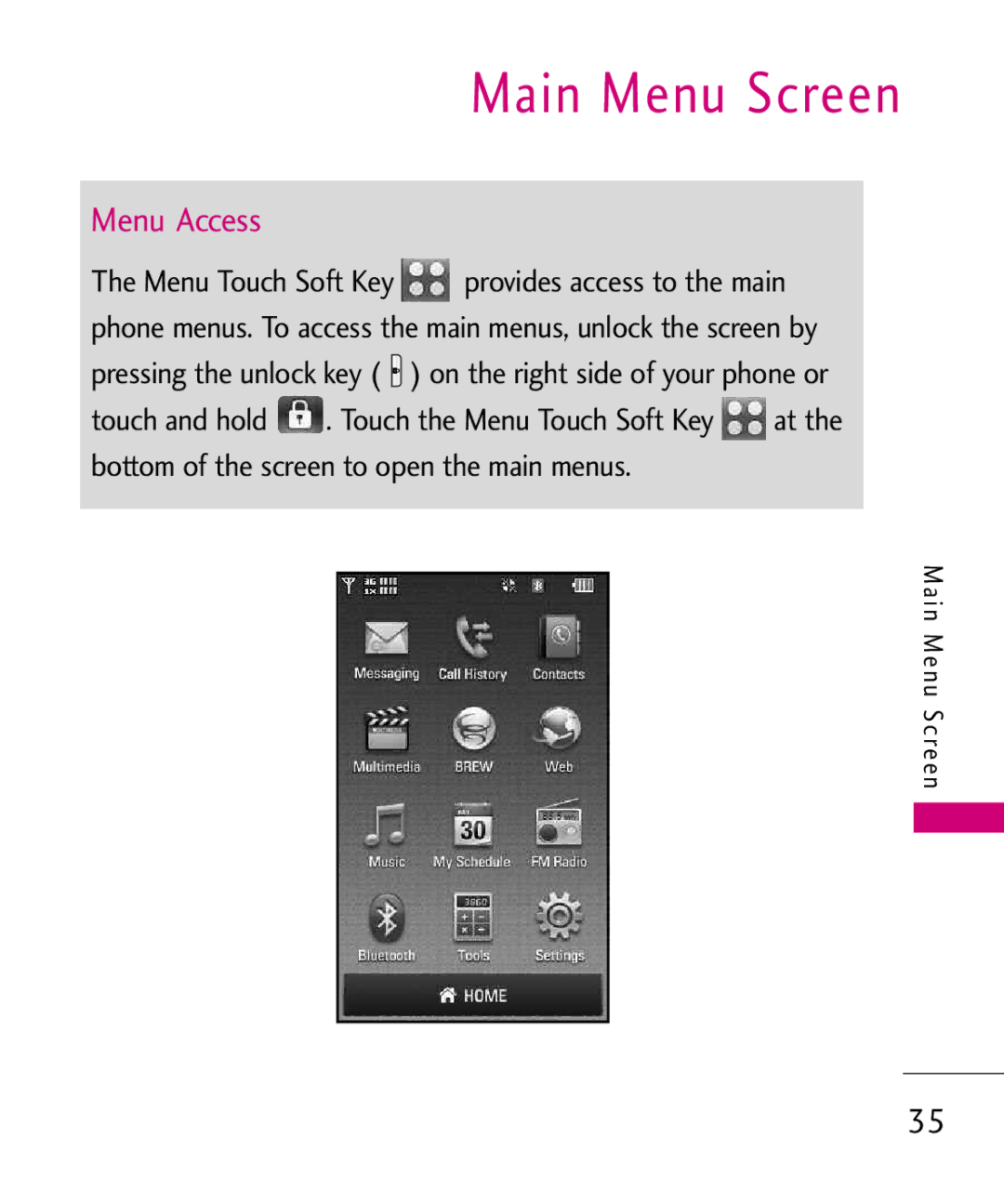 LG Electronics 8575 manual Main Menu Screen, I n M e n u S c re e n 