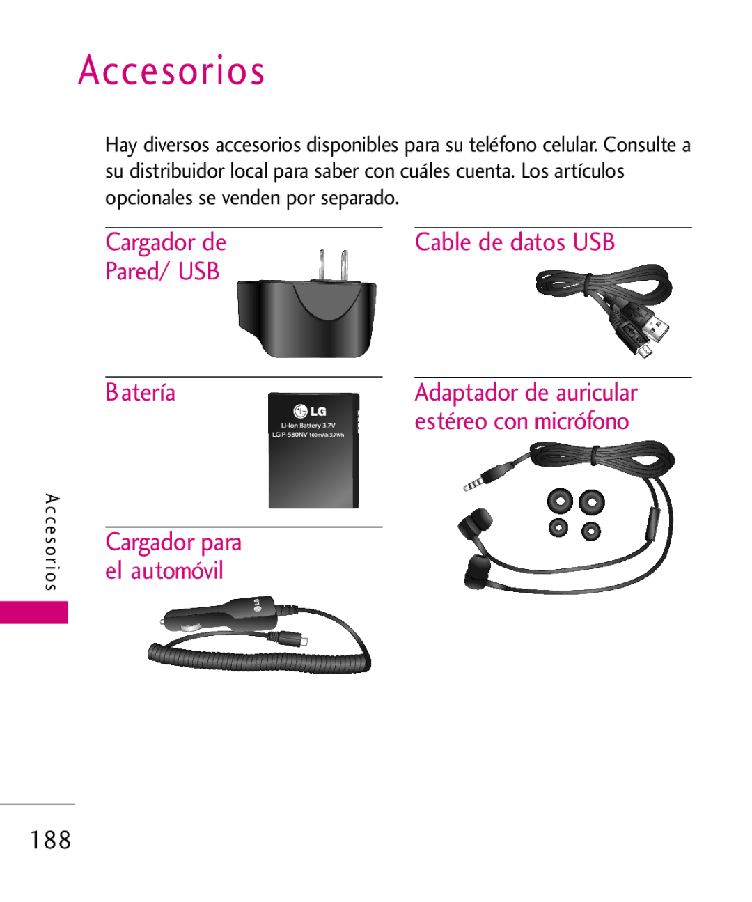 LG Electronics 8575 manual Accesorios, Cargador de, Pared/ USB, Batería, 188 