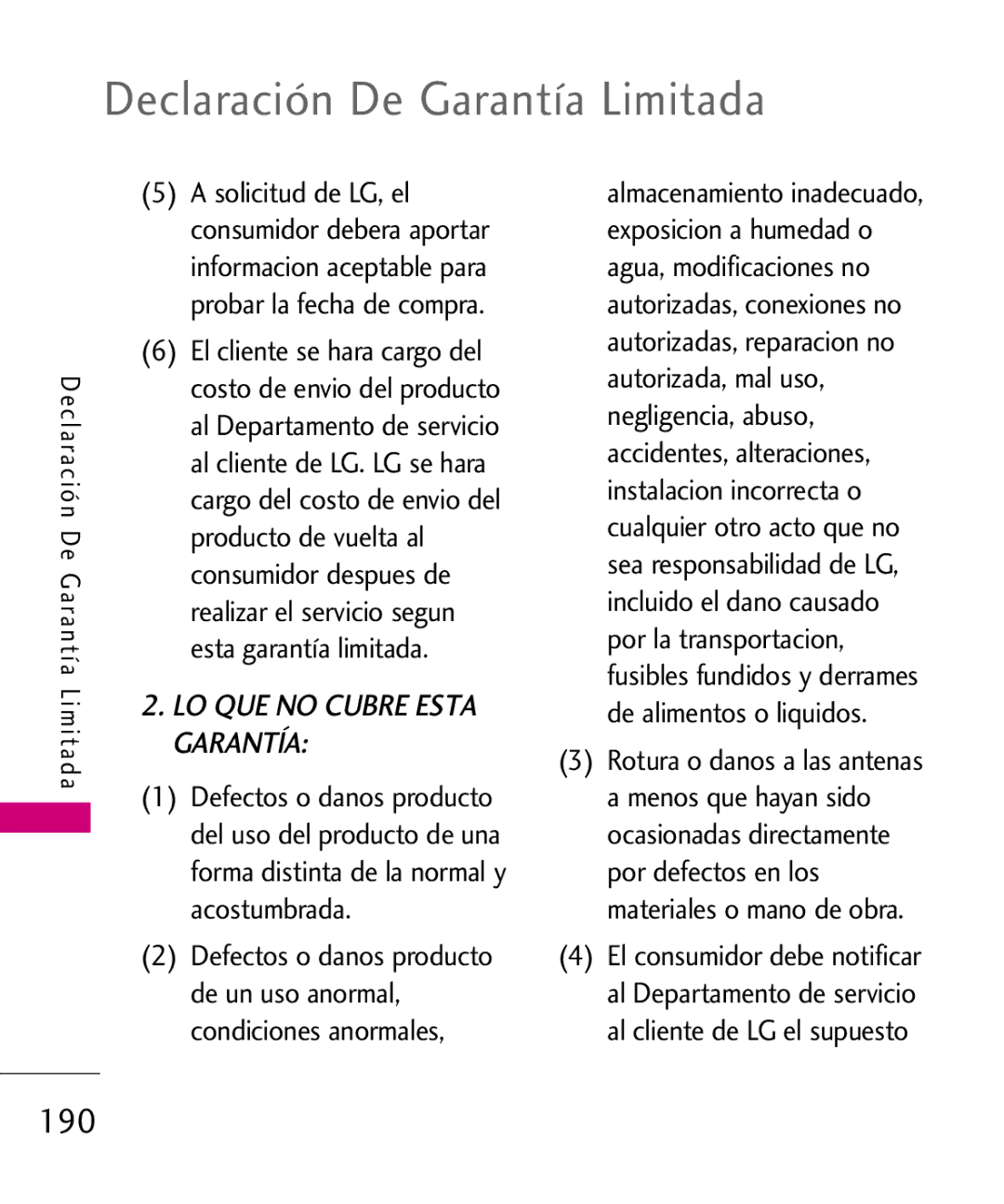 LG Electronics 8575 manual Declaración De Garantía Limitada, 190 