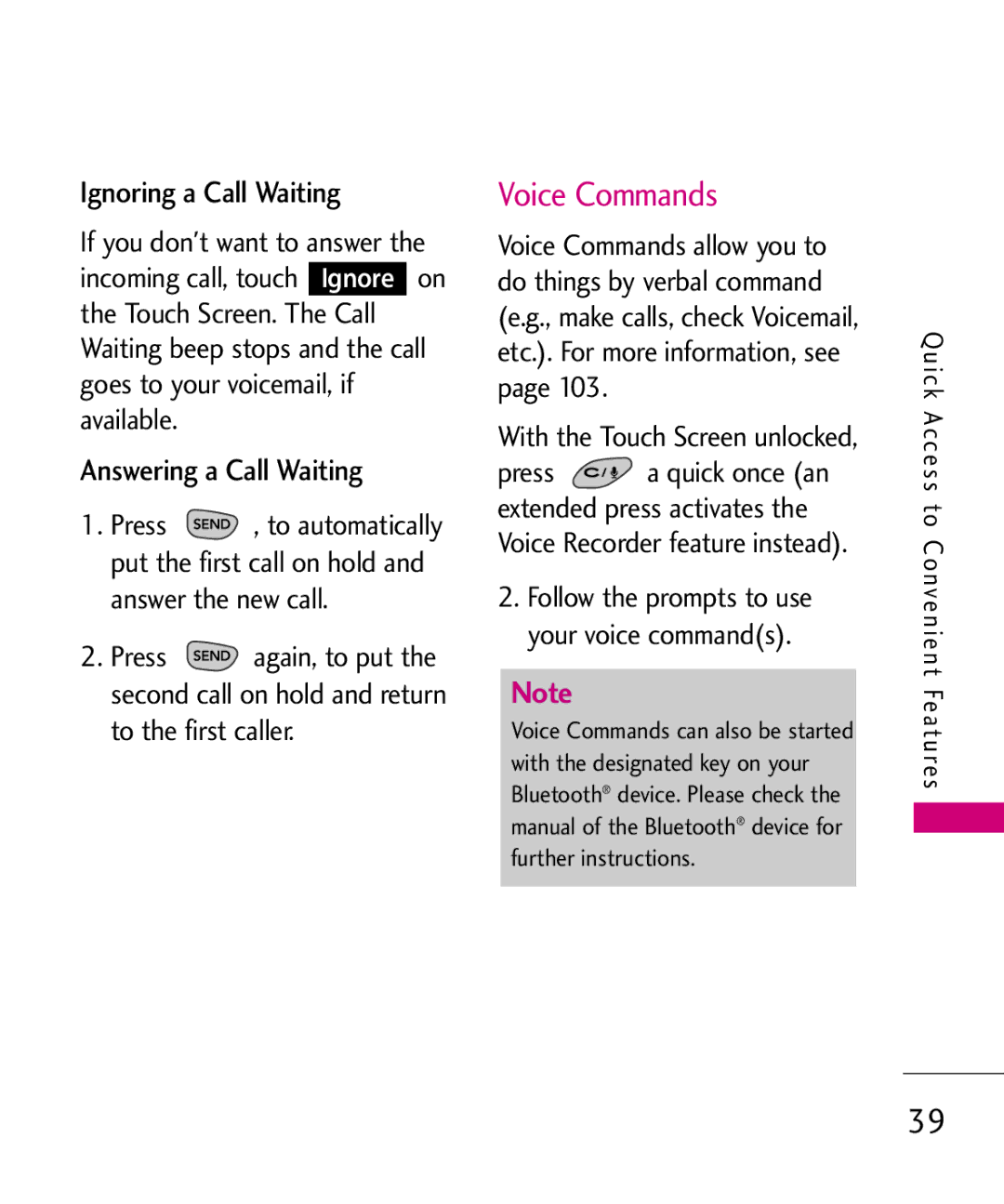 LG Electronics 8575 Voice Commands, Ignoring a Call Waiting, Answering a Call Waiting, With the Touch Screen unlocked 