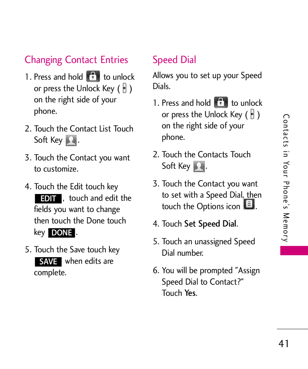 LG Electronics 8575 manual Changing Contact Entries, Touch Set Speed Dial 