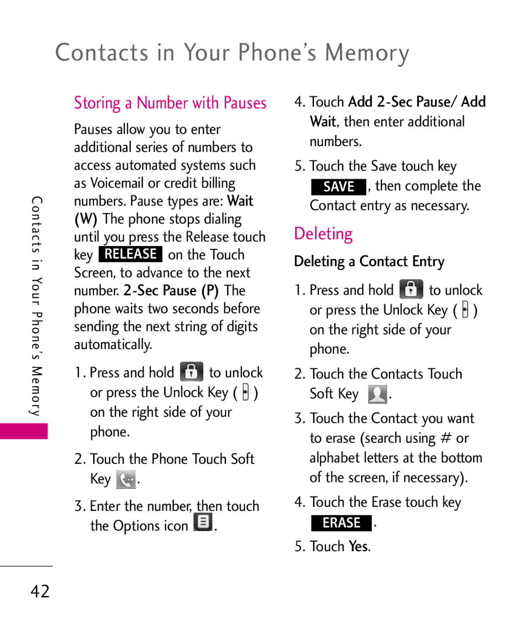 LG Electronics 8575 Contacts in Your Phone’s Memory, Deleting a Contact Entry, Touch the Erase touch key, Touch Yes 