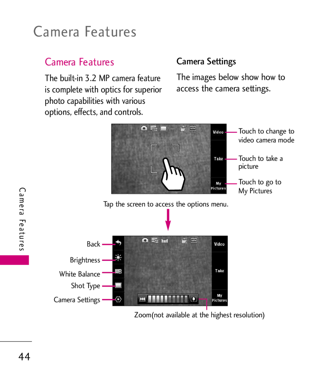 LG Electronics 8575 manual Camera Features, Camera Settings 