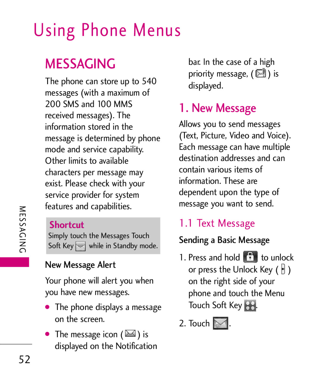 LG Electronics 8575 manual Using Phone Menus, Text Message, New Message Alert, Sending a Basic Message 