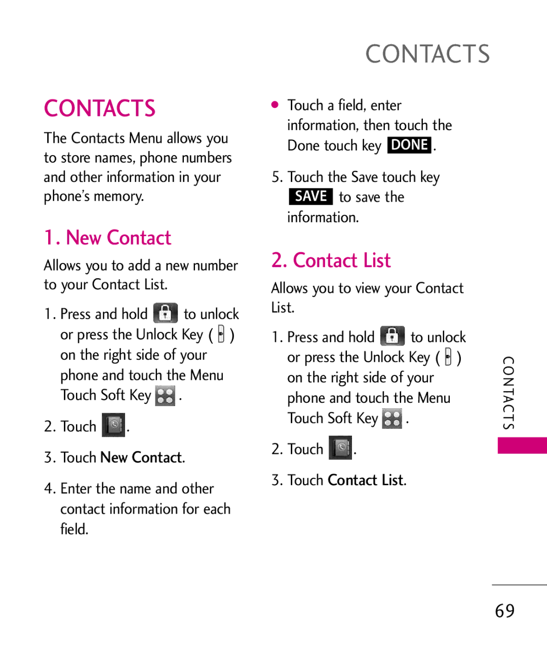 LG Electronics 8575 manual Touch New Contact, Touch Contact List 