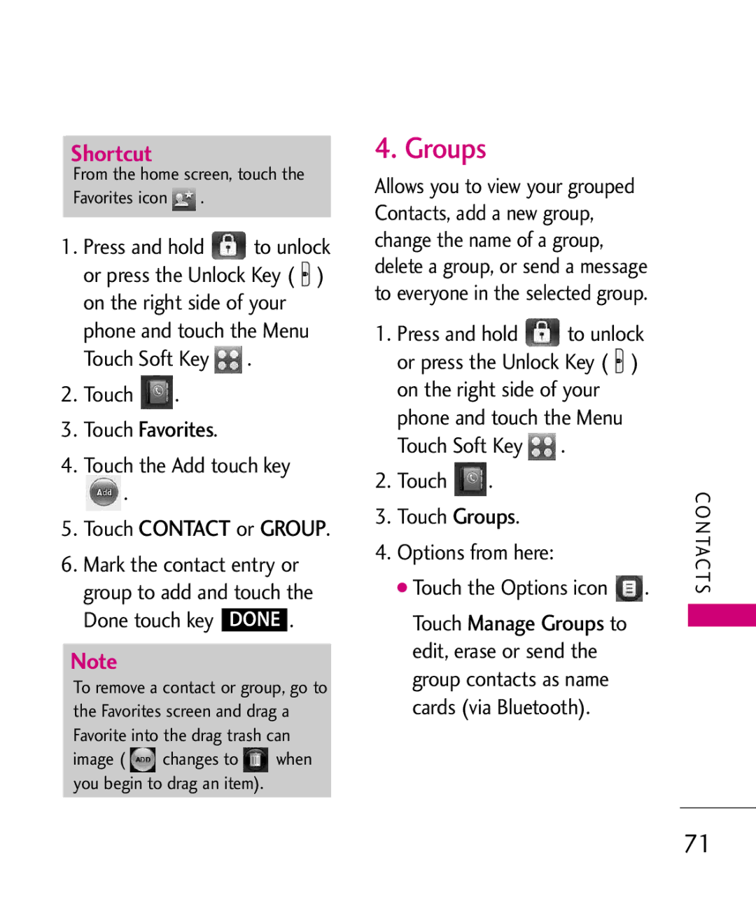 LG Electronics 8575 manual Groups, Touch Favorites, Touch the Add touch key Touch Contact or Group 