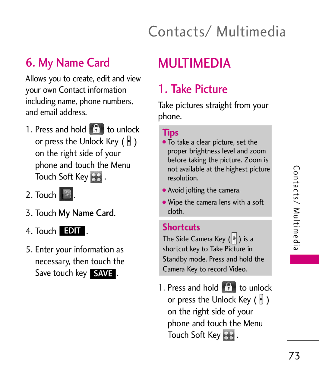 LG Electronics 8575 manual Contacts/ Multimedia, Take Picture, Touch My Name Card 