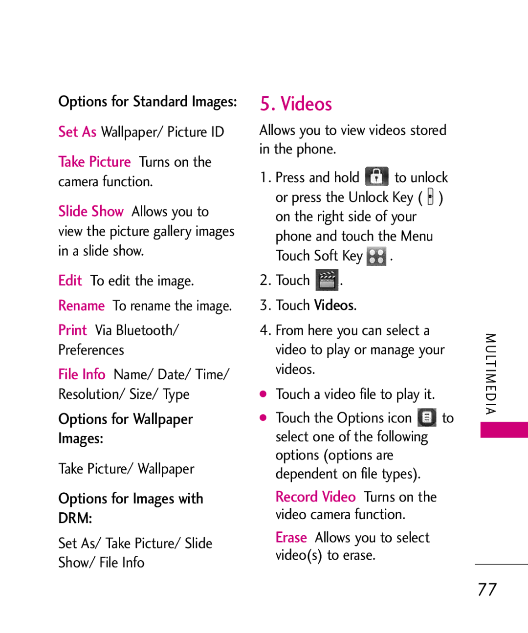 LG Electronics 8575 manual Videos, Options for Images with DRM 