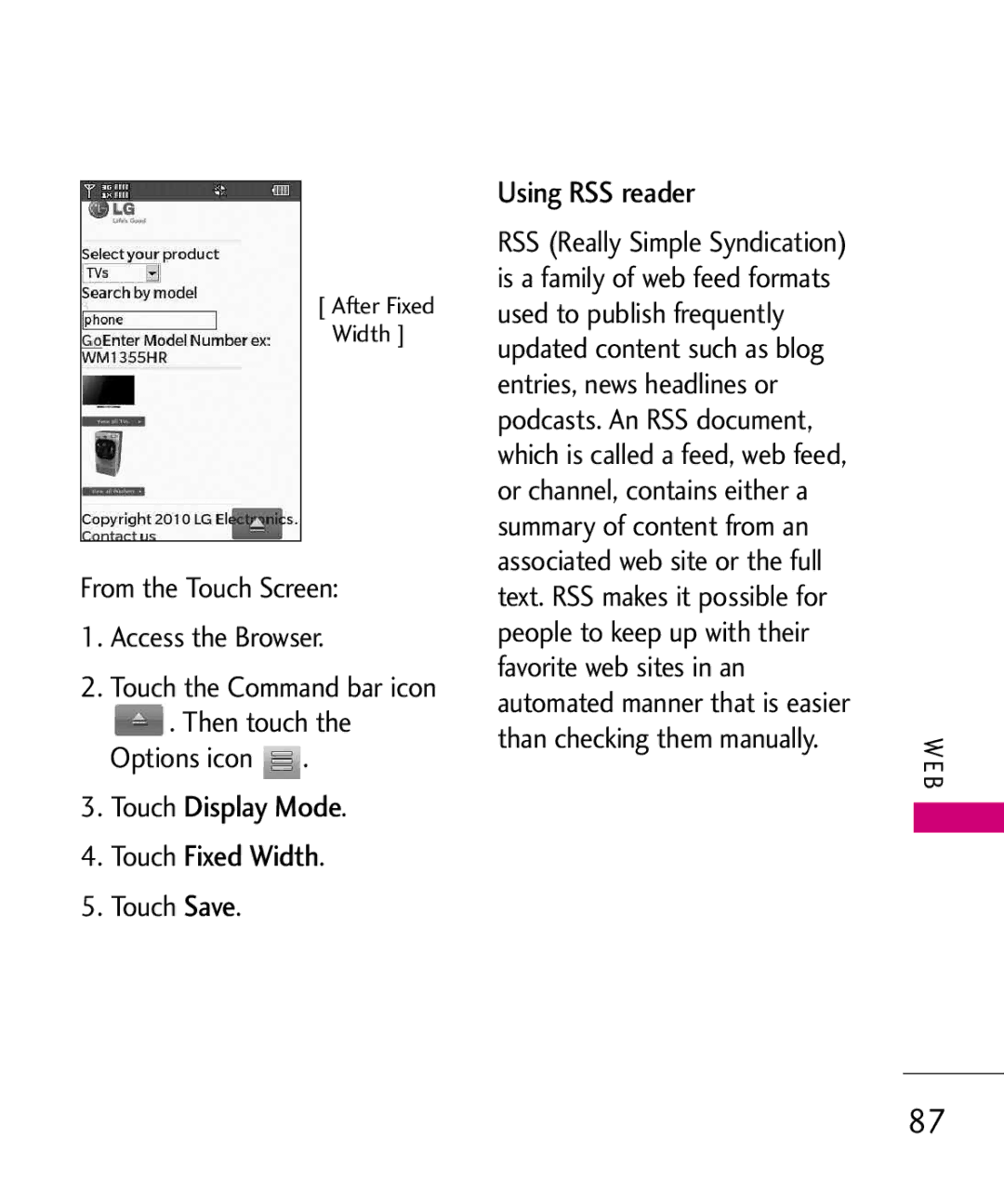 LG Electronics 8575 manual Touch Display Mode Touch Fixed Width, Using RSS reader, Touch Save, Then touch the Options icon 