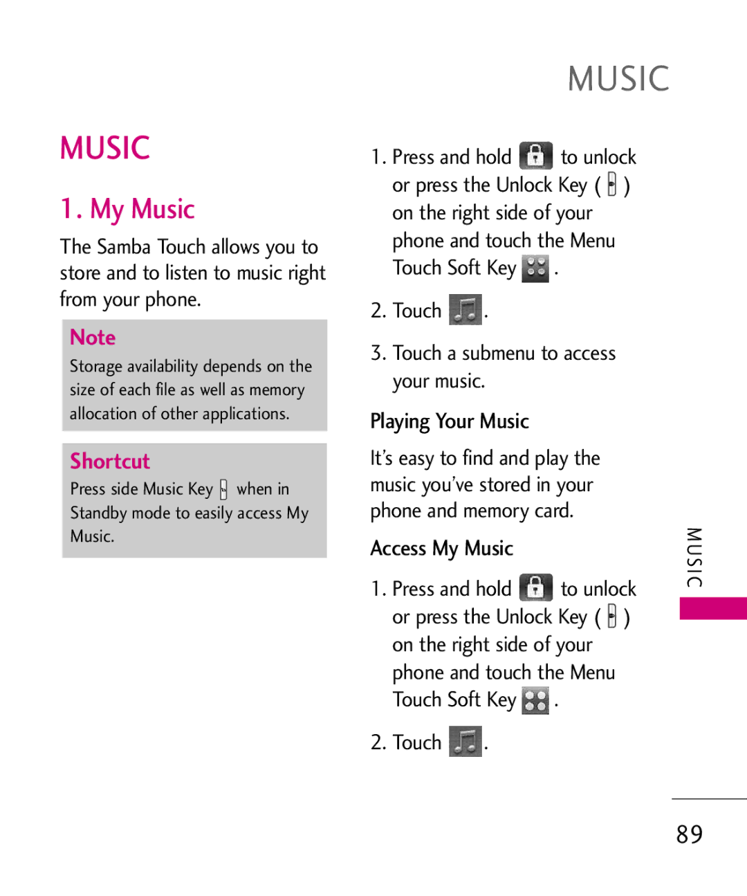 LG Electronics 8575 manual Playing Your Music, Touch Touch a submenu to access your music, Access My Music 