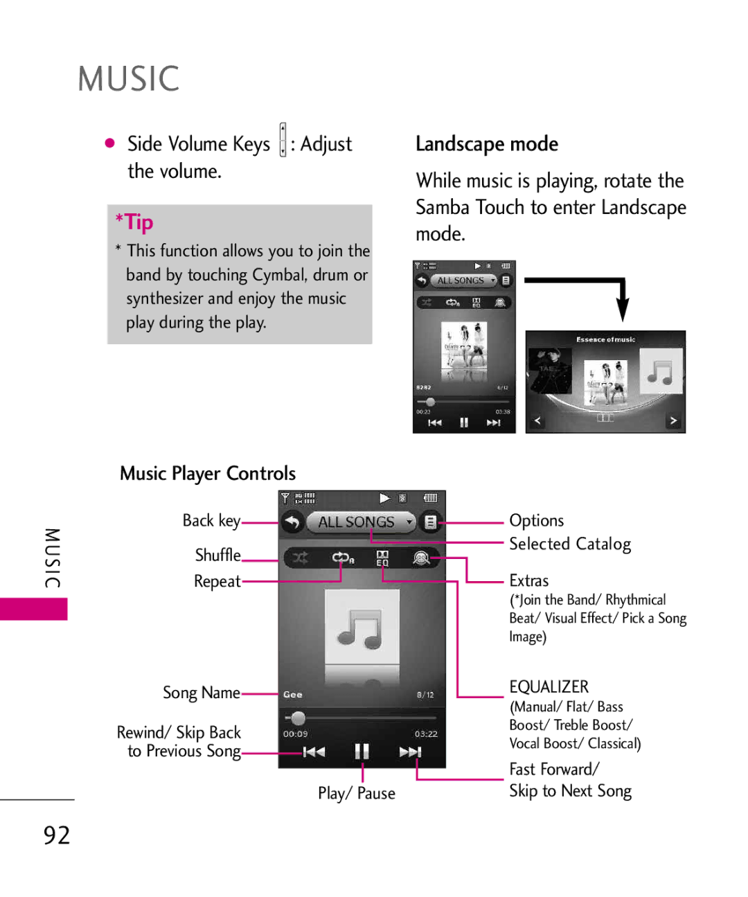 LG Electronics 8575 manual Landscape mode, Side Volume Keys Adjust the volume, Music Player Controls 