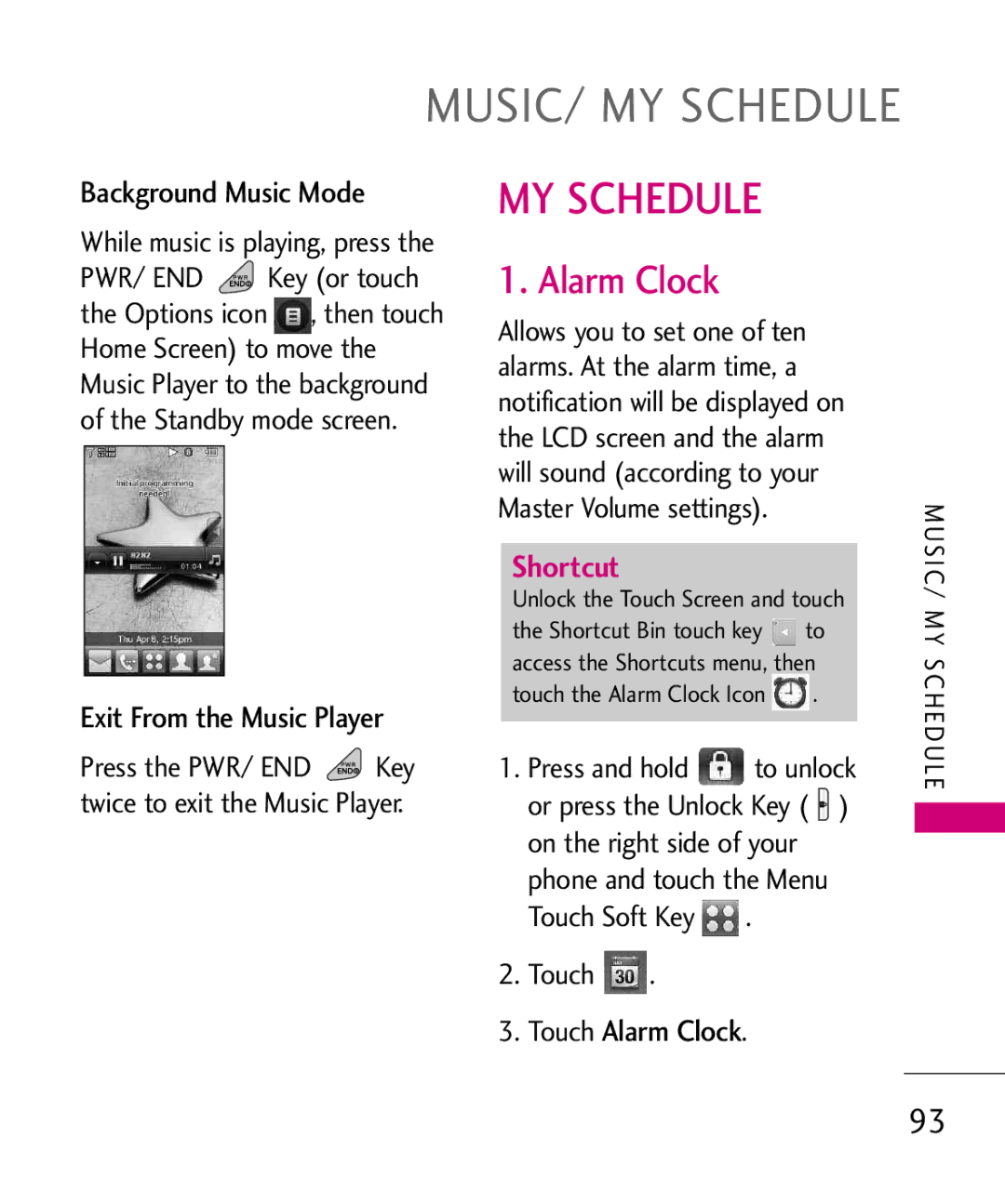 LG Electronics 8575 manual Background Music Mode, Exit From the Music Player, Touch Alarm Clock 