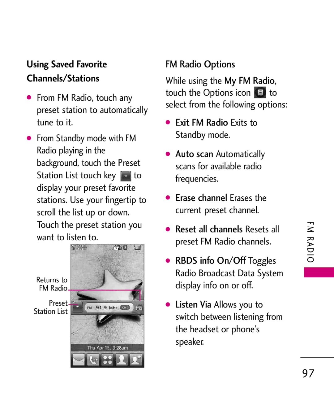 LG Electronics 8575 manual Using Saved Favorite Channels/Stations, FM Radio Options, Exit FM Radio Exits to Standby mode 