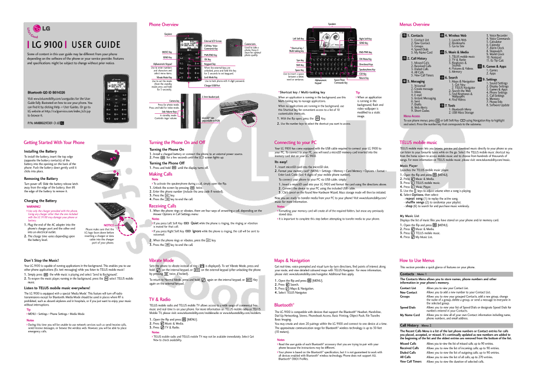 LG Electronics 9100 specifications Phone Overview, Menus Overview, Making Calls, Receiving Calls, Vibrate Mode, TV & Radio 