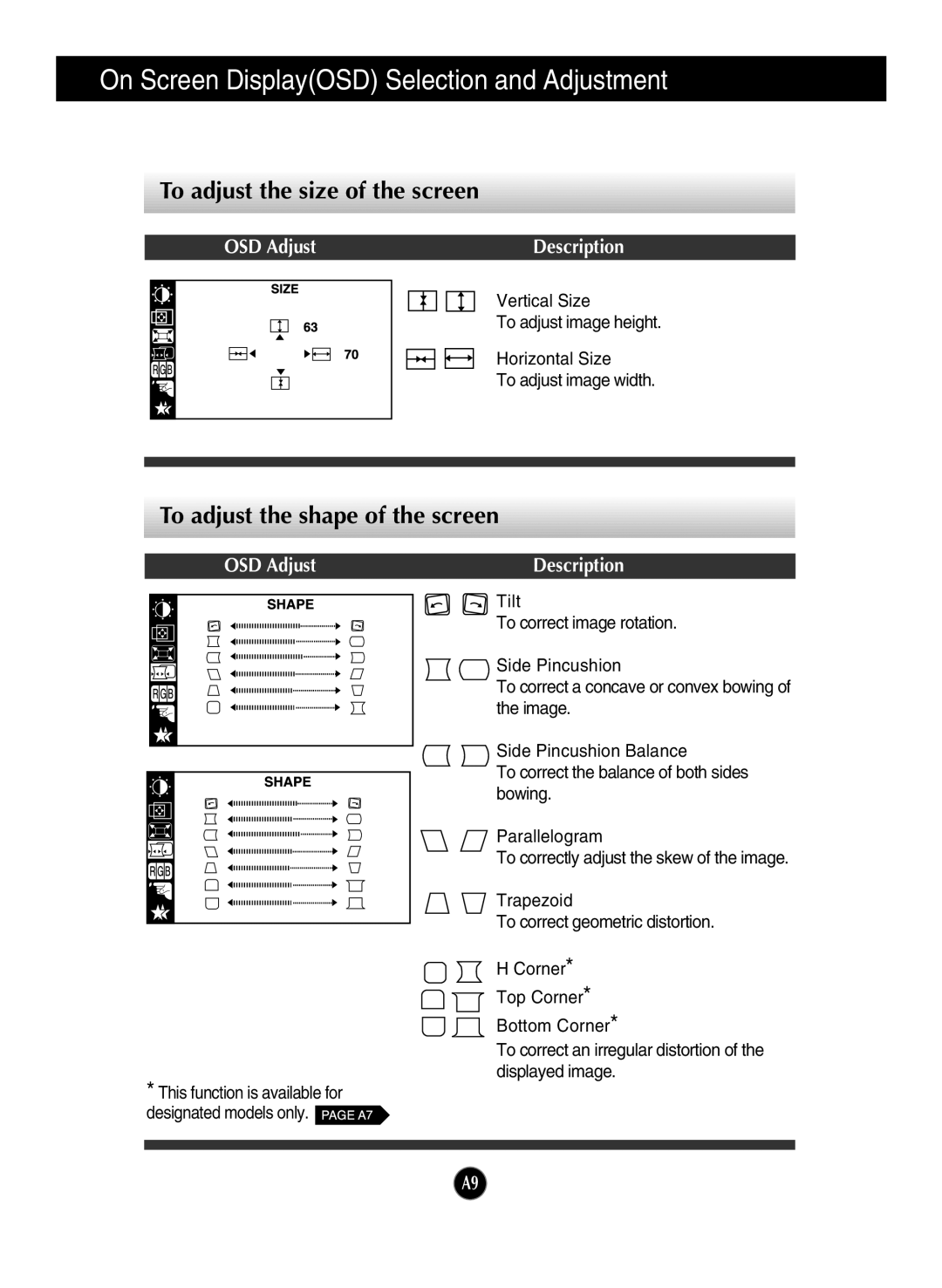 LG Electronics 910B manual To adjust the size of the screen, To adjust the shape of the screen 