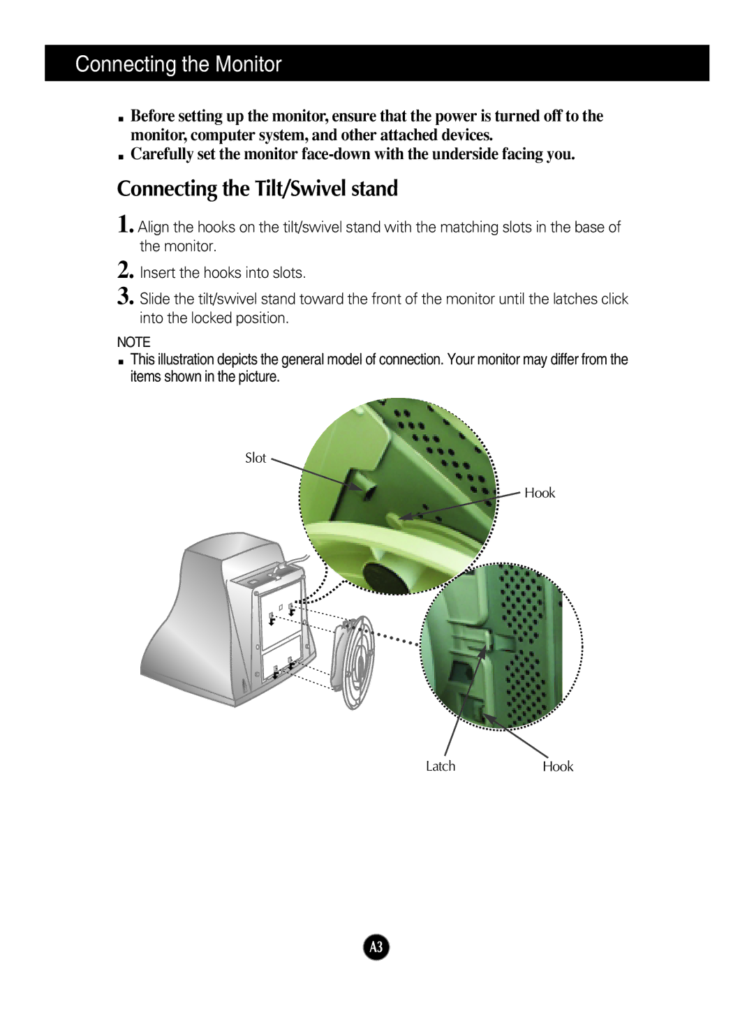 LG Electronics 910B manual Connecting the Monitor, Connecting the Tilt/Swivel stand 