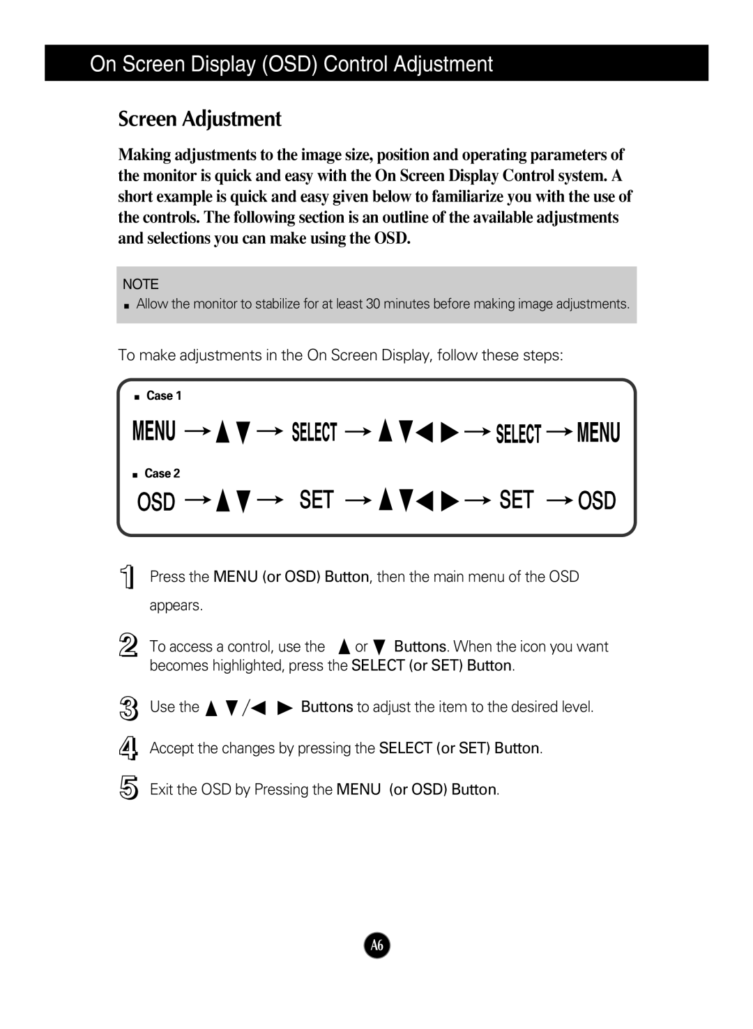 LG Electronics 910B manual On Screen Display OSD Control Adjustment, Screen Adjustment 