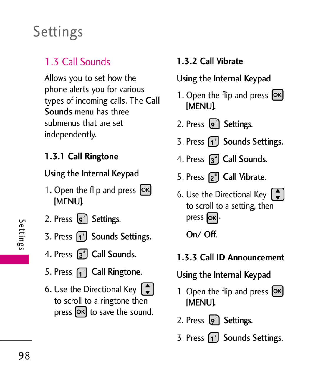 LG Electronics 9250, MMBB0370601(1.0) manual Call Sounds, Call Ringtone, Call Vibrate, Call ID Announcement 