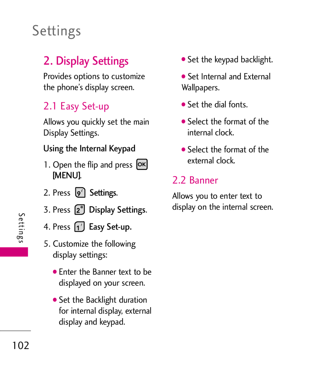 LG Electronics 9250, MMBB0370601(1.0) manual Display Settings, Banner, 102, Easy Set-up 