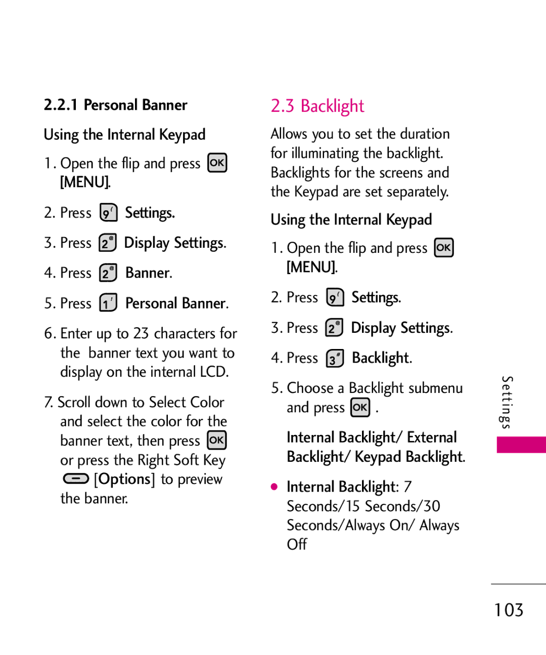 LG Electronics MMBB0370601(1.0), 9250 manual Backlight, 103, Personal Banner 