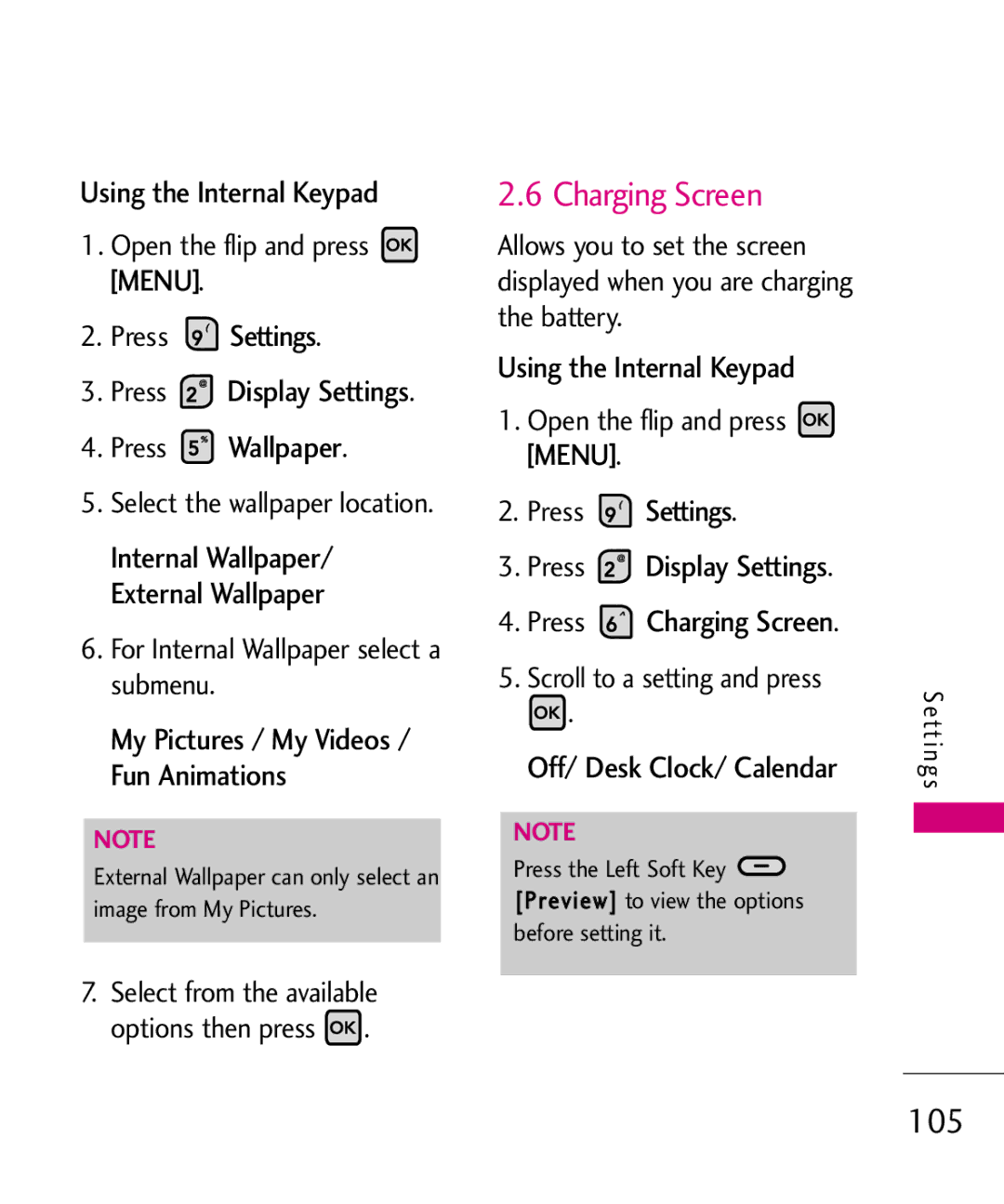 LG Electronics MMBB0370601(1.0), 9250 manual Charging Screen, 105, Press Settings Press Display Settings Press Wallpaper 