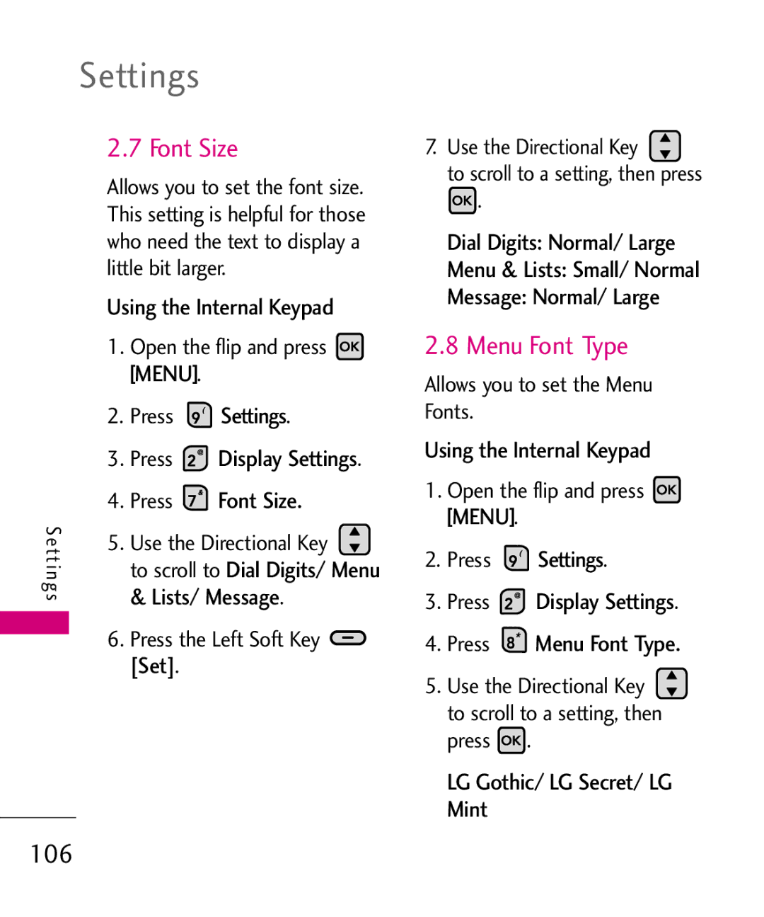 LG Electronics 9250, MMBB0370601(1.0) manual Font Size, Menu Font Type, 106 